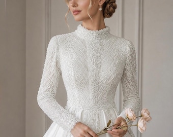Vestido de novia modesto, vestido de novia de manga larga y cuello alto, vestido de baile con perlas.