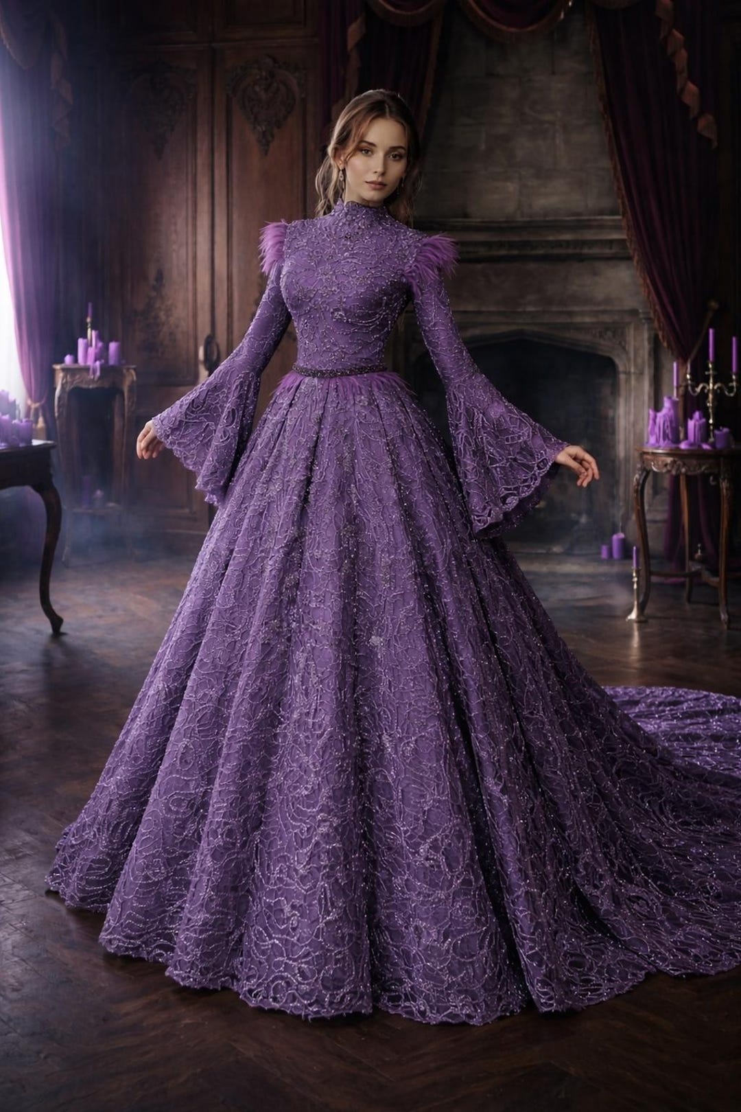 Amethyst Royal Witchy Gown, Beaded Bell Sleeve Fantasy Ball Gown