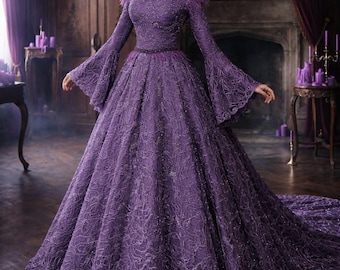 Amethyst Royal Witchy Gown, Beaded Bell Sleeve Fantasy Ball Gown, Dark Romantic Whimsigothic Dress, Gothic Victorian Masterpiece, Size 4–6