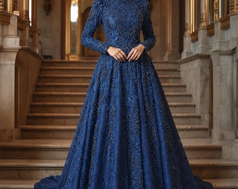 Midnight Sapphire Crystal Rain Gown, Victorian High Neck Whimsigothic Dress, Dark Romantic Celestial Wedding, Gothic Vampire Aesthetic