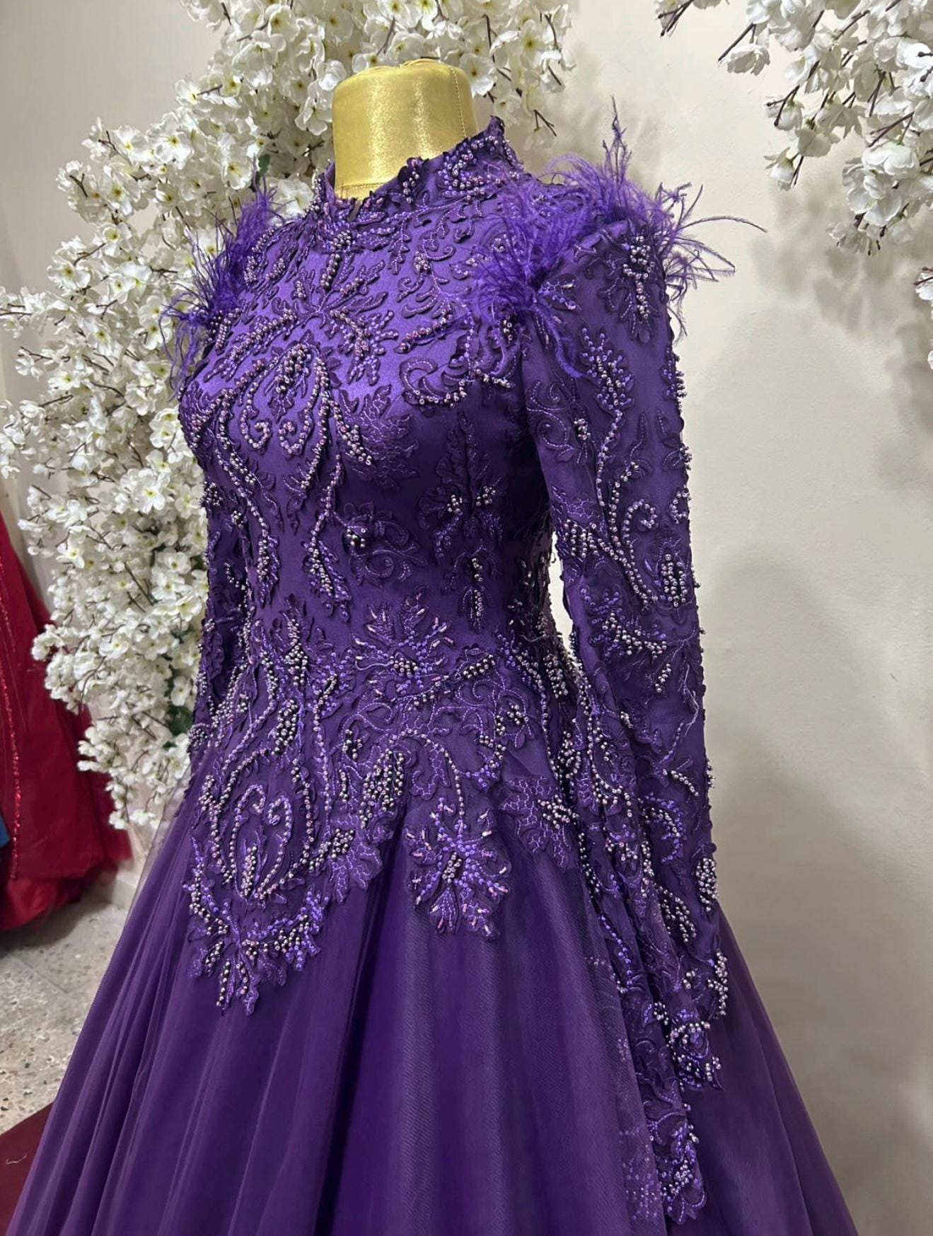 purple engagement dress Royal Baroque Purple Ball Gown, Beaded Bell Sleeve Couture Dress, High Neck  Evening Gown, Corset Back Amethyst Engagement Dress, Size US 4–6