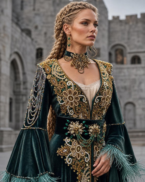 Emerald Green Medieval Renaissance Velvet Kaftan Gown, Ottoman Gold Embroidered Bindallı, Historical Bell Sleeve Fantasy Dress
