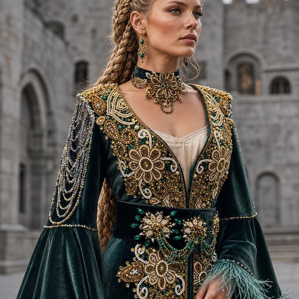 Vestido Kaftan Medieval Renascentista em Veludo Verde Esmeralda, Bindallı Otomano Bordado a Ouro, Vestido Histórico Fantasia com Mangas em Sino