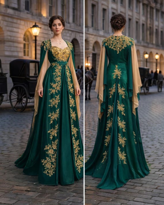 Emerald Green Medieval Renaissance Sleeveless Gown, Gold Embroidered Elven Historical Fantasy Evening Dress With Flutter Tulle Sleeves - Etsy Emerald Green Medieval Renaissance Sleeveless Gown, Gold Embroidered Elven Historical Fantasy Evening Dress With Flutter Tulle Sleeves - Etsy