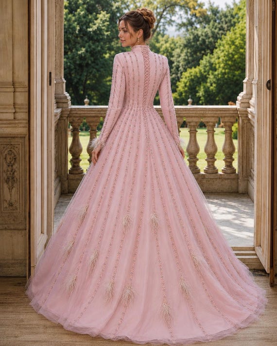 Dusty Rose Wedding Dress, Pearl Beaded Long Sleeve Ball Gown, Romantic Fairytale Engagement Dress, Modest Bridal Gown