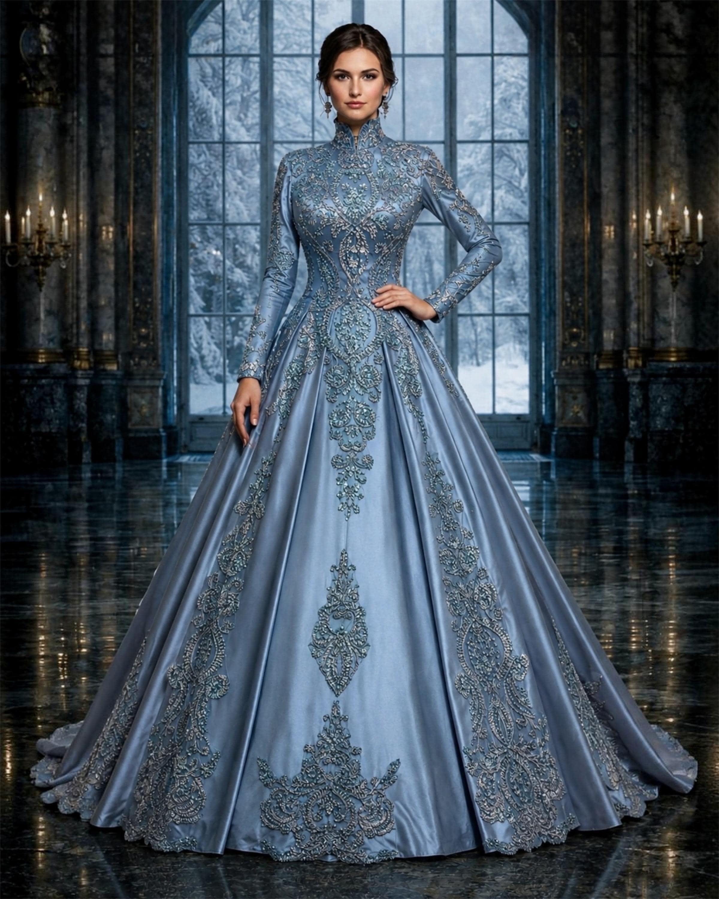 Steel Blue Satin Victorian Gown, Anastasia Romanov Style Dress, Gilded Age High Neck Masquerade, 1890s Historical Costume, Size US 6–8