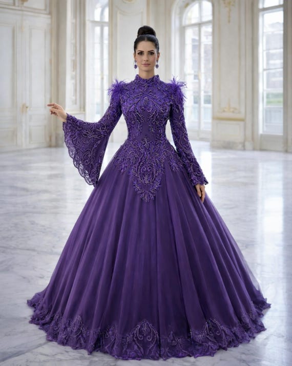 purple dress for engagement Royal Baroque Ball Gown, Beaded Bell Sleeve Couture Dress, High Neck Evening Gown, Corset Back Amethyst Dress, Size US 4–6 Style:F Organic Cotton Interlock Cap colour:evilia-dress-blooming-vines-brown-6 Set ensuring both comfort and