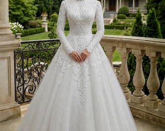 Vestido de novia modesto, vestido de novia victoriano eduardiano, cuello alto, manga larga, cola catedral, espalda con corsé, vestido de novia con cuentas, vestido de novia reciclado