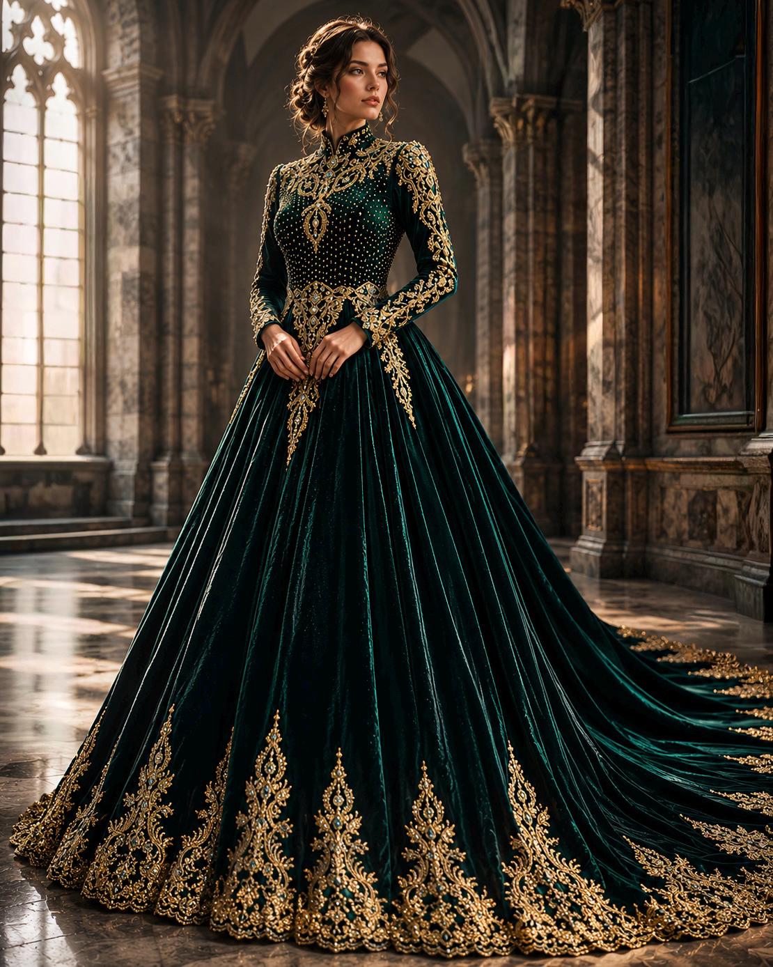 Emerald Velvet Medieval Queen Gown, Gold Embroidered Royal Fantasy Dress, Elven Castle Ball Gown, Modest Wedding Dress