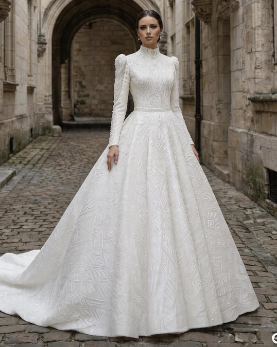 modest corset wedding dress Dress, Long Sleeve Wedding Dress, High Neck Beaded Ball Gown, Edwardian Bridal Gown, Back Strapless dress Color:Butter royal blue bridesmaid dresses Mifsaly Merry Christmas Dresses Try on Vittoria a