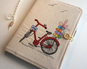 Personalized Notebook Cover, Appliqued Fabric Diary Cover, Planner / Photo Album Cover, Embroidered Red Bicycle, Gift for her, Mothers Day