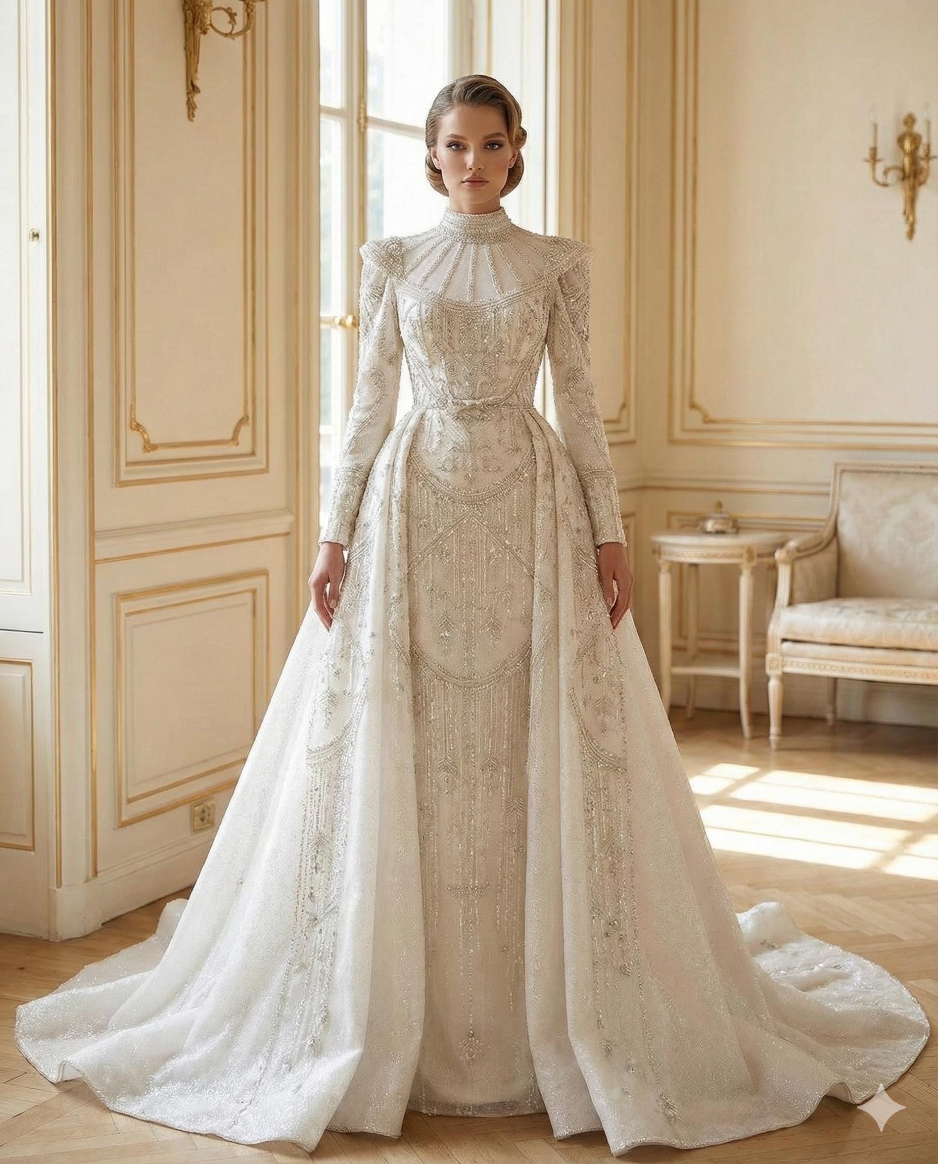 Edwardian Royal Wedding Gown, Beaded Historical Bridal Dress, Baroque  Palace Bride, High Neck Couture Wedding Dress - Etsy