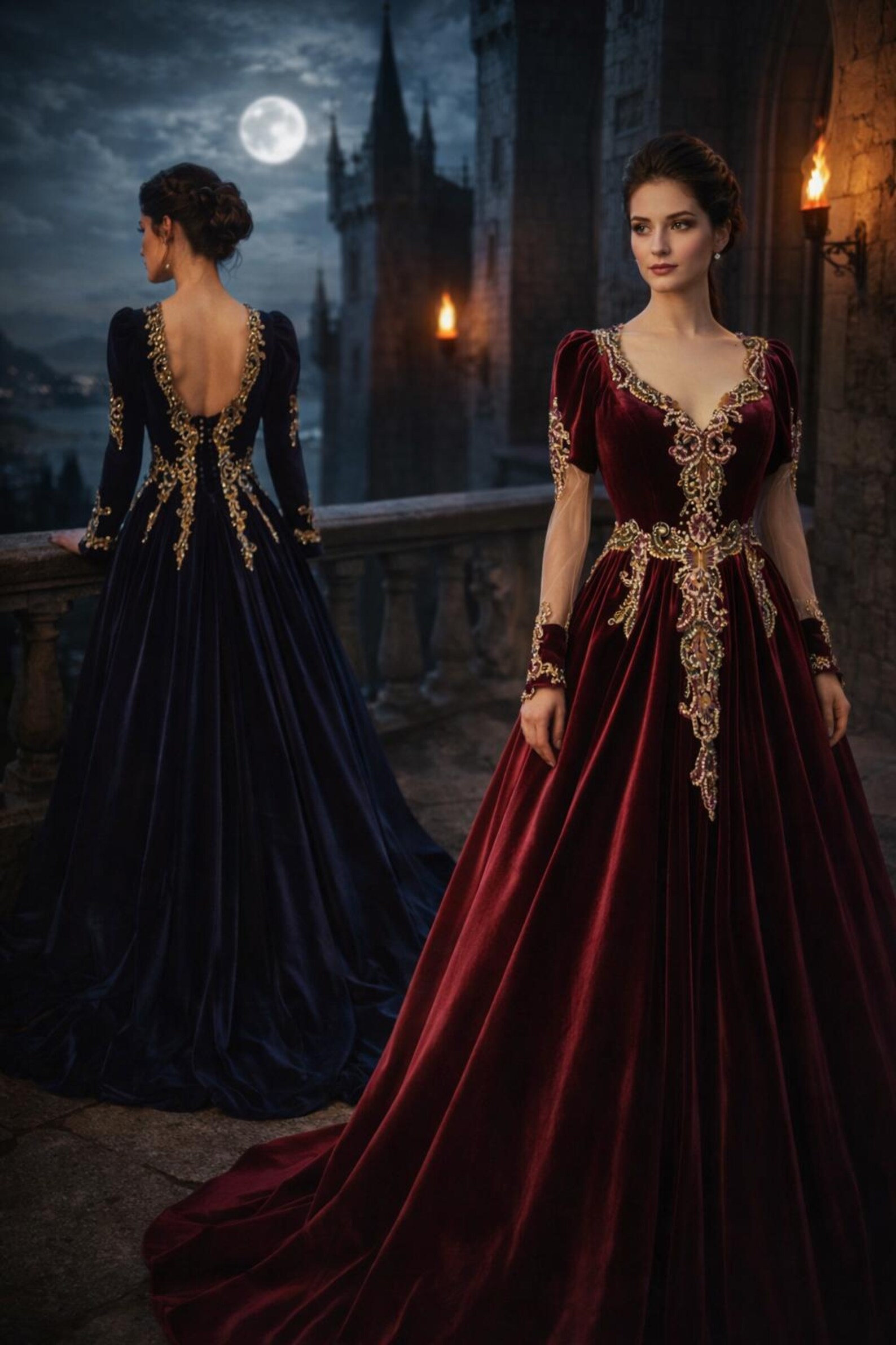 Velvet Gothic Wedding Gown, Gold Embroidered Renaissance Bridal Kaftan Velvet Gothic Wedding Gown, Gold Embroidered Renaissance Bridal Kaftan