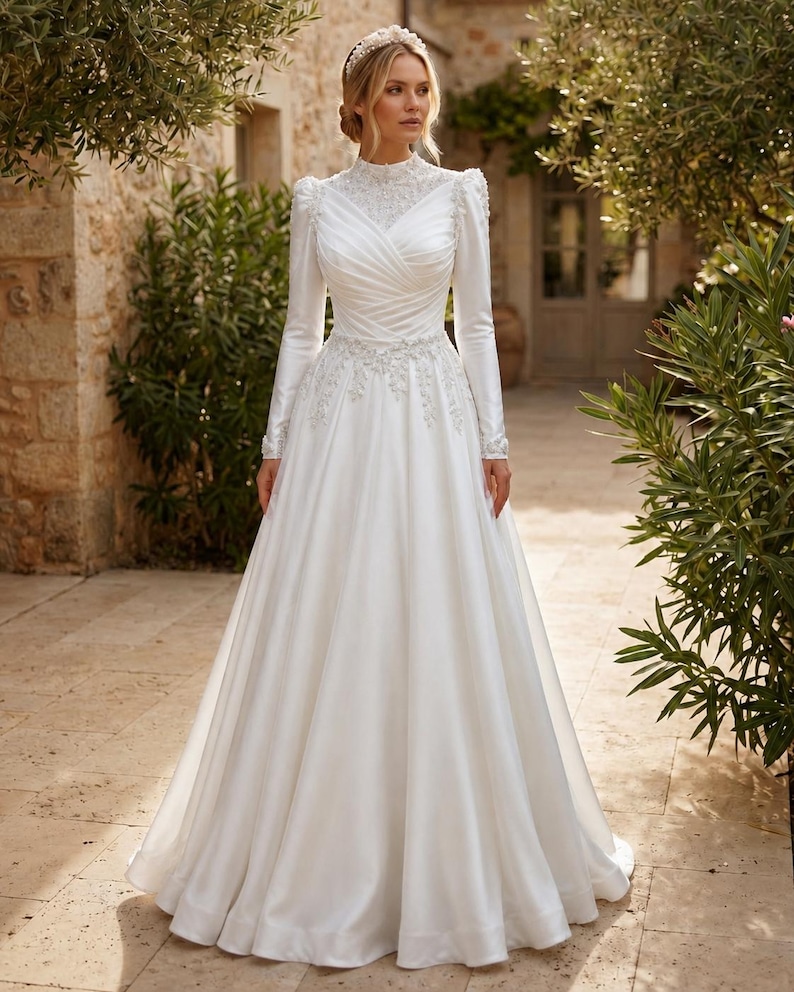 Church wedding gown for a modest bride with graceful coverage and traditional bridal elegance