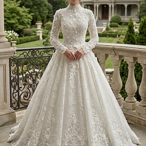Modest Wedding Dress, Victorian Edwardian Bridal Gown, High Neck Long Sleeve, Cathedral Train, Corset Back, Beaded Bridal, Recycled Wedding