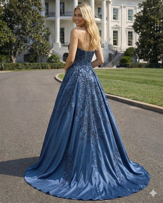 Sapphire Blue Strapless Prom Gown, Beaded Corset Ball Dress, Sweetheart Formal Evening,Blue Wedding Reception Dress