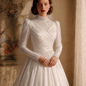 Vintage inspired bridal gown with Edwardian elegance, classic bridal beauty and timeless romantic styling