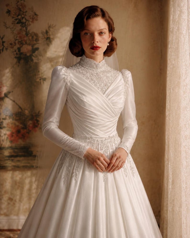 Vintage inspired bridal gown with Edwardian elegance, classic bridal beauty and timeless romantic styling