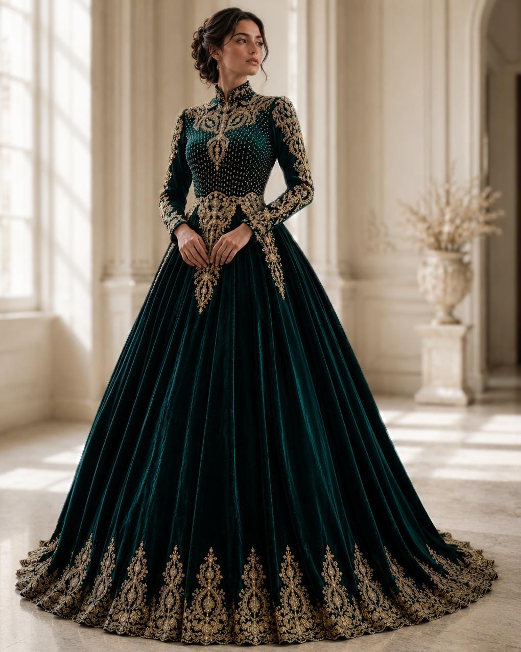 emerald green medieval dress Velvet Queen Gown, Gold Embroidered Royal Fantasy Dress, Elven Castle Ball Gown, Modest Wedding YGroup_awhina-mini