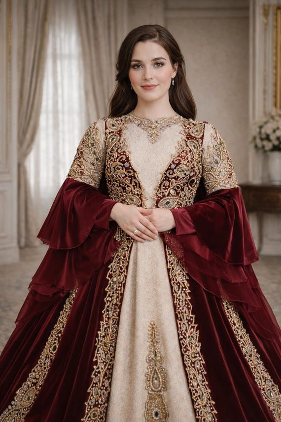 gold and burgundy wedding dress Plus Size Velvet Kaftan, Vampire Queen Gothic Gown, Ottoman Embroidered Fantasy Dress, Medieval Renaissance Faire The striking one shoulder