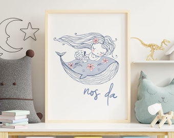 Nos da Goodnight Welsh Sleeping Mermaid digital download Print