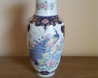 Vintage Japanese 10.5" tall Peacock Theme Vase