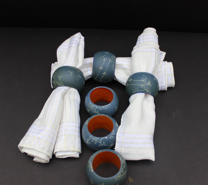 Vintage Wooden Painted Blue Napkin Rings Set of 6Napkin HoldersWooden Napkin Rings