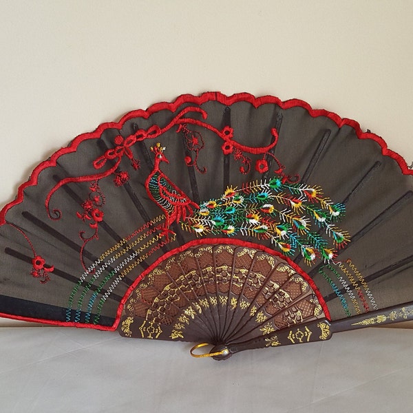 Handheld Cloth and Plastic Spindle embroidered Peacock Fan/Fabric fan/Peacock Lover/Embroidered Fan/Multicolored Fan/