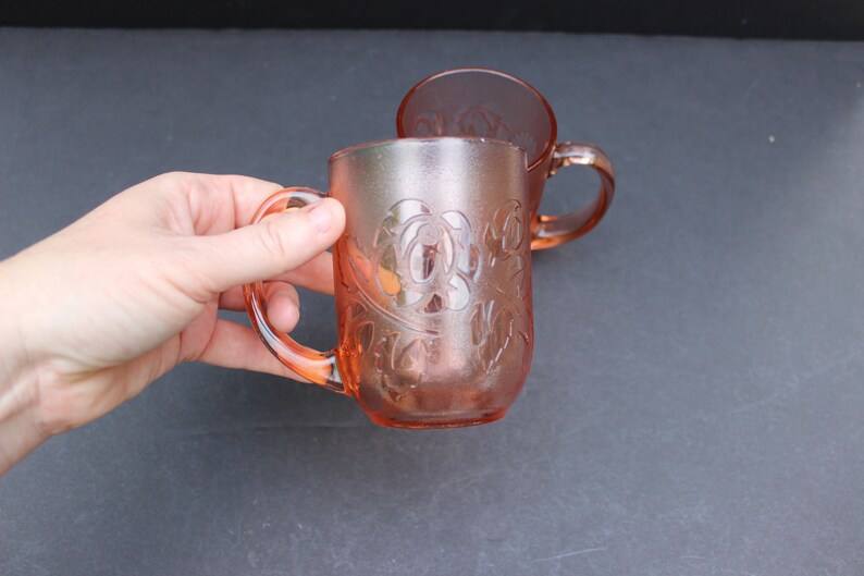 Vintage Arcoroc of France Raised Roses Blush Coffee Mugs Set of 2