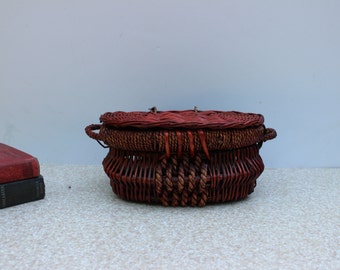 Oval Woven Basket with attched Lid/Dark Woven Basket/Basket with Lid