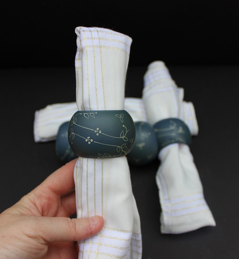 Vintage Wooden Painted Blue Napkin Rings Set of 6Napkin HoldersWooden Napkin Rings
