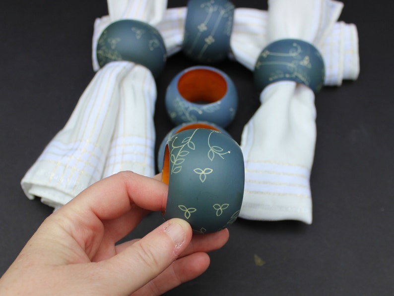 Vintage Wooden Painted Blue Napkin Rings Set of 6Napkin HoldersWooden Napkin Rings