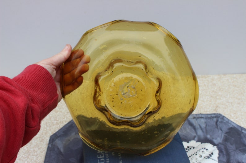 Amber Controlled Bubble Glass Serving DishFruit BowlCatchall BowlLarge Candy DishScallopped Edge BowlYellow BowlAmber Bowl