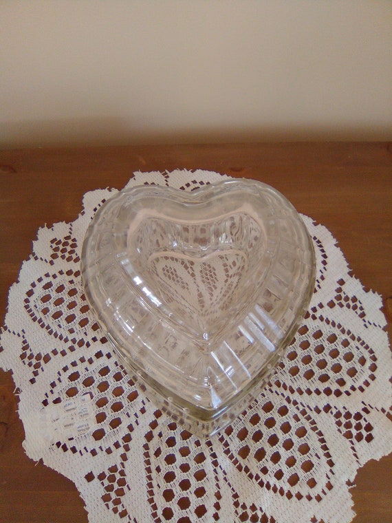 Large Glass Heart Shaped Jewelry Box/Memento Jar/V