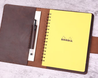 Hand Stitched Distressed Leather cover case for RHODIA wirebound meeting notebook A5+ size notebooks portfolio case for 6.3x8.3 #RH-1Q