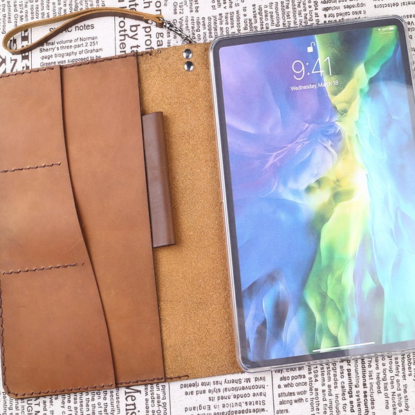 Tooled Case Leather Samsung Galaxy Tab Active5,A9+,S9 FE+,A9 S8 Ultra/S9+ case,Galaxy Tab S8 cover Wristlet Full Grain Leather Light Brown