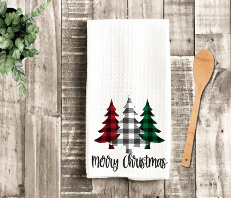 Christmas Towels Merry Christmas Plaid Trees Housewarming Etsy