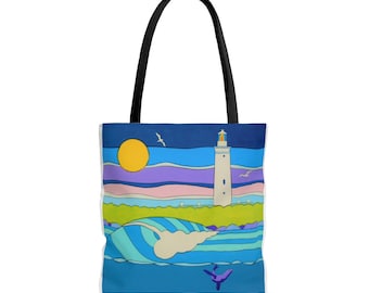 LIGHTHOUSE ART PRINT Tote Bag with my original Intarsia wooden mosaic handwork. Surfing ocean vibes lifestyle accessory, Water Baby Gift