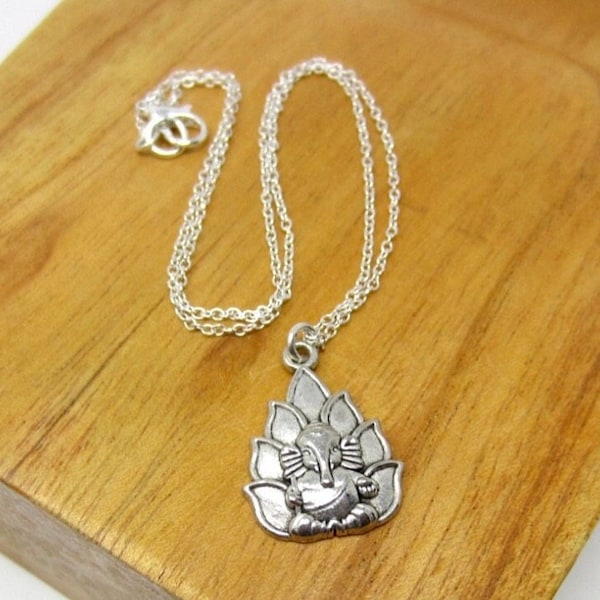 Ganesha Pendant Necklace, Silver Ganesha Necklace, Silver Ganesha Jewelry, Silver Yoga Pendant Necklace, Silver Elephant Pendant Necklace