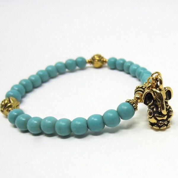 Ganesha Mala Bracelet, Ganesha Charm Bracelet, Turquoise & Gold Bracelet, Ganesh Stretch Bracelet, Mala Stretch Bracelet, Hindu Elephant God