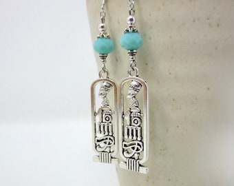 Egyptian Symbol Earrings, Hieroglyphic Earrings, Egyptian Goddess Earrings, Blue & Silver Spiritual Earrings, Egyptian Jewelry Gift, Goddess