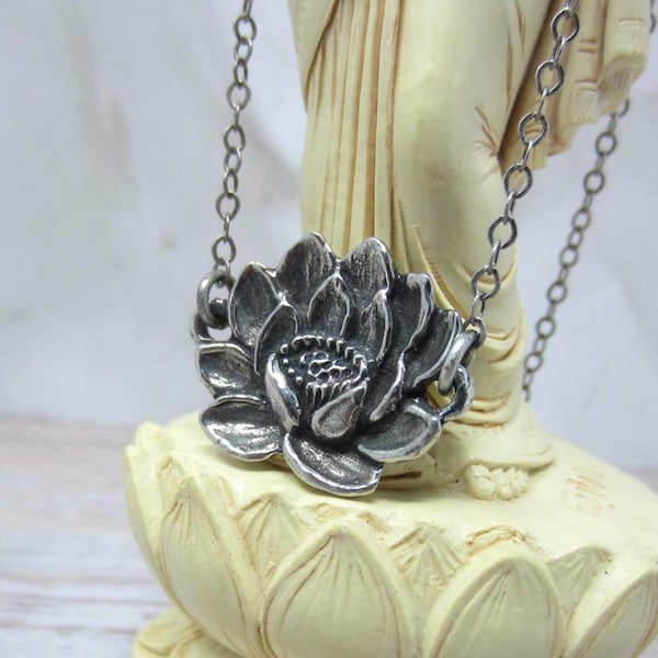Silver Lotus Necklace, Antique Silver Flower Pendant, Silver Spiritual Pendant, Inspirational Pendant Necklace, Silver Buddhist Pendant
