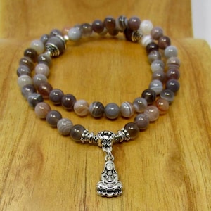 Quan Yin Mala Bracelet, Meditating Goddess Bracelet, 54 Bead Mantra Bracelet, Mantra Meditation Bracelet, Botswana Agate Bracelet, Kwan Yin