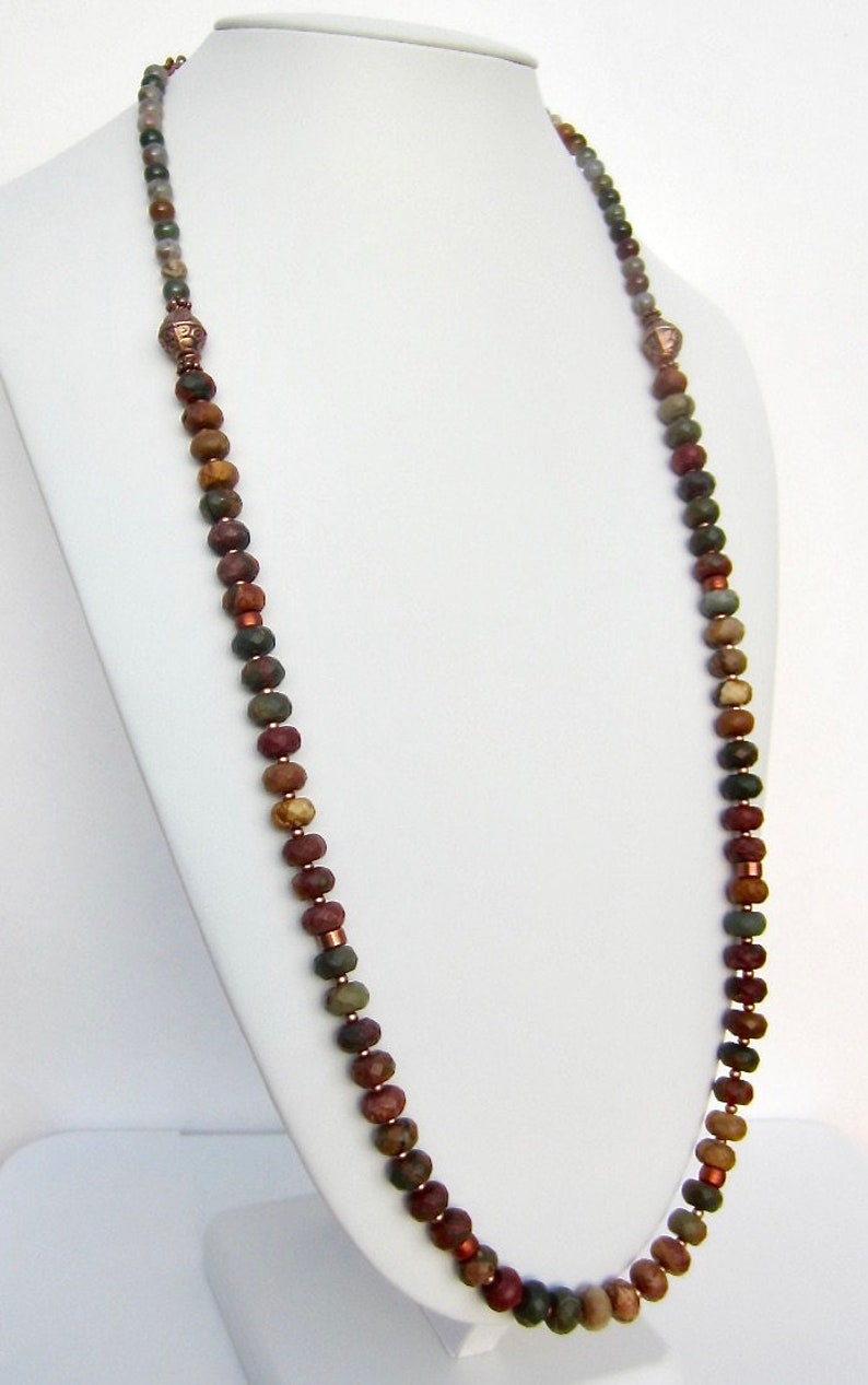 Green Jasper Jewelry Long Copper Boho Necklace Picasso Jasper Necklace Picasso Jasper Jewelry Long Boho Necklace Rustic Copper Necklace