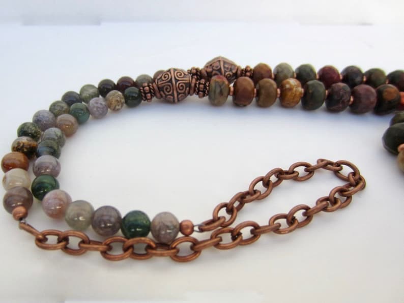 Green Jasper Jewelry Long Copper Boho Necklace Picasso Jasper Necklace Picasso Jasper Jewelry Long Boho Necklace Rustic Copper Necklace