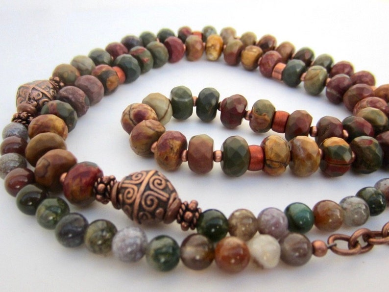 Green Jasper Jewelry Long Copper Boho Necklace Picasso Jasper Necklace Picasso Jasper Jewelry Long Boho Necklace Rustic Copper Necklace