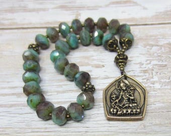 Green Tara Amulet, Green Tara Prayer Beads, Heart Chakra Prayer Beads, Goddess of Compassion, Goddess Meditation Beads, Bronze Goddess Mala