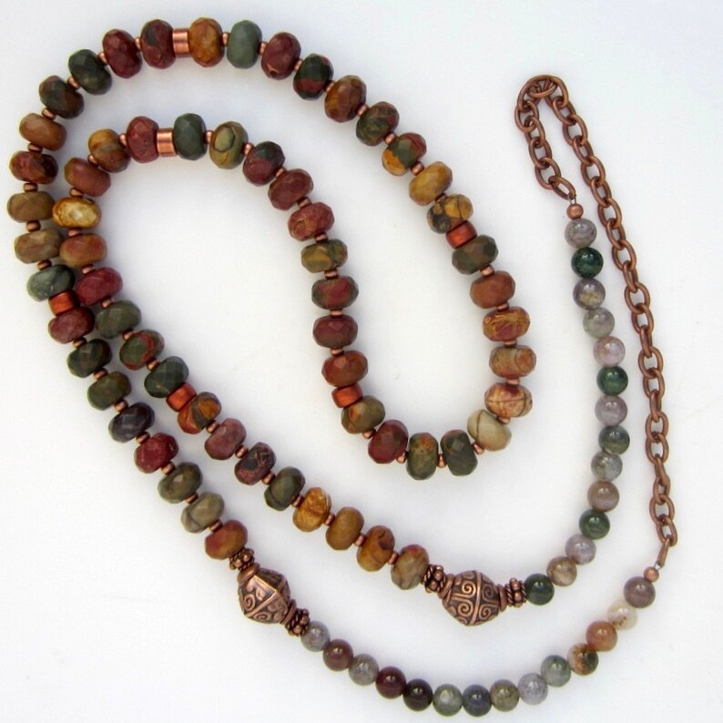 Green Jasper Jewelry Long Copper Boho Necklace Picasso Jasper Necklace Picasso Jasper Jewelry Long Boho Necklace Rustic Copper Necklace