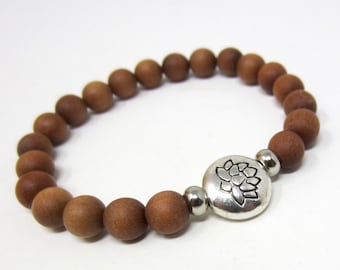 Sandalwood Mala Bracelet, Silver Lotus Bead Bracelet, Women's Yoga Bracelet, Silver & Wood Bracelet, New Beginnings Bracelet, Yoga Jewelry