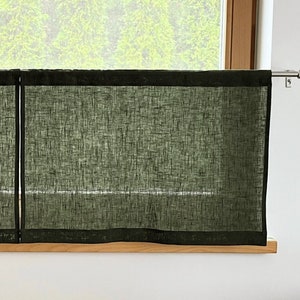 Kitchen Cafe Curtains in Forest Green. Small Bathroom Curtains. Kitchen Valance. Linen Curtains. Window Treatments. Rod Pocket Curtains.